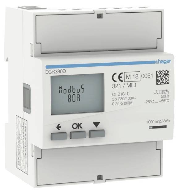 Hager ECR380D ECR380D kWh-meter 1-fase en 3-fasen 1 stuk(s)