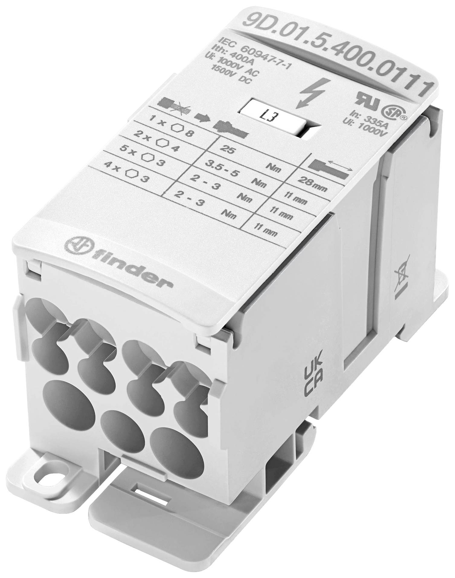 Finder 9D.01.5.400.0111 Verdeler Wit 12-polig 35 mm² 400 A 1000 V/AC, 1500 V/DC Geleidertype = L, N, PE