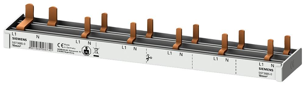 Siemens 5ST36850 Pensa.rail compact, 10 mm2 aansluiting: 2p (L&, N) 1x FI 2-polig + 5x AFDD 5SM6 Penverzamelrail 1 stuk(