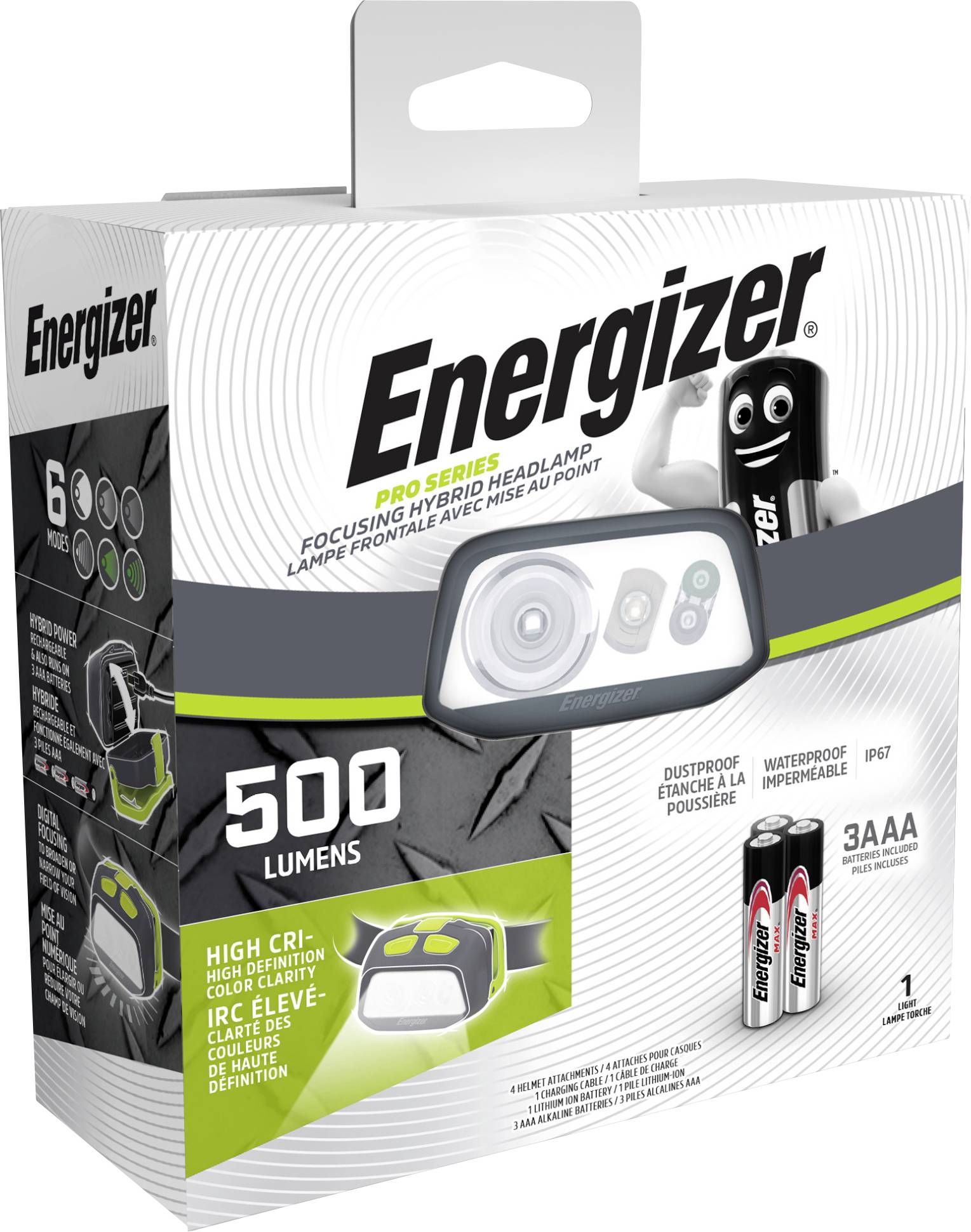 Energizer Pro Series Hybrid Hoofdlamp LED werkt op Li-ion oplaadbare batterij of batterijgevoed 500 lm 2 h